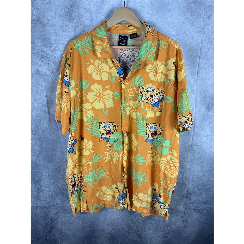 SpongeBob SquarePants Men XL Aloha Hawaiian Shirt Orange Rayon Tropical Hibiscus